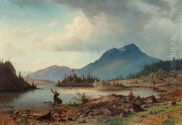 Stalking Moose, 1863 Oil Painting by Harald (Sten H.) Torsslow