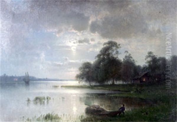 Mansken Over Insjolandskap Oil Painting by Harald (Sten H.) Torsslow