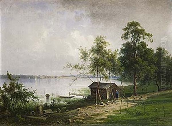 Insjolandskap Med Kvinna Vid Stuga Oil Painting by Harald (Sten H.) Torsslow