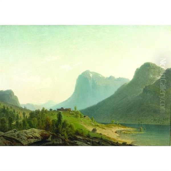 An Extensive Fjord Scene With Farm Buildings On A Hill Oil Painting by Harald (Sten H.) Torsslow