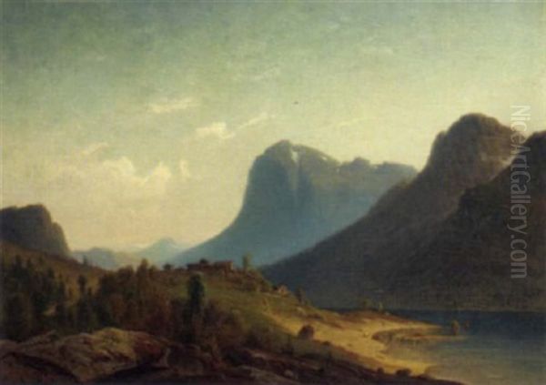 A Farmstead By A Norwegian Ford Oil Painting by Harald (Sten H.) Torsslow