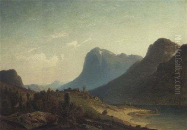 A Farmstead By A Norwegian Fjord Oil Painting by Harald (Sten H.) Torsslow