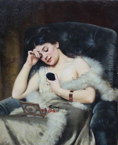 Jeune Femme A Son Coffret De Bijoux Oil Painting by Victor Tortez