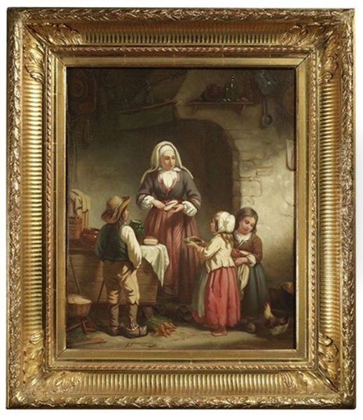 Kucheninterieur. Eine Mutter Versorgt Ihre Kinder Mit Brot Oil Painting by Victor Tortez