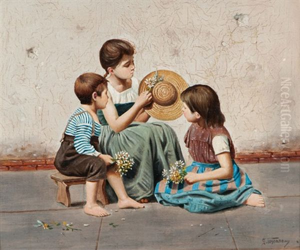 Children Adorning A Hat Oil Painting by Giovanni Toscano