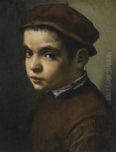 Portrait Of A Young Boy, Bust Length, Facing Left, Dressed In A Maroon Doublet And Cap Oil Painting by Michele Tosini