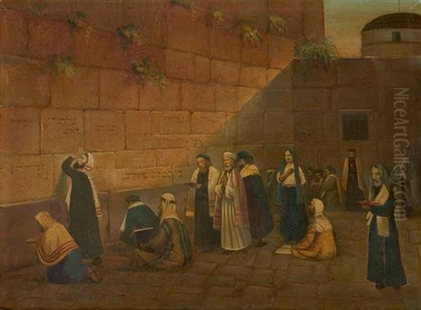 Jewish Figures Praying At The Wailing Wall Oil Painting by Laszlo Toth