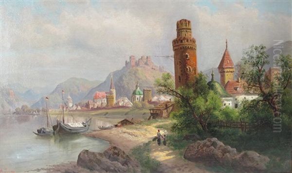 Flusslandschaft Mit Malerischer Ruine Und Mittelalterlichem Stadtchen Oil Painting by Alois Tott