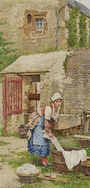 Maid Washing Clothes Oil Painting by Edouard Toudouze