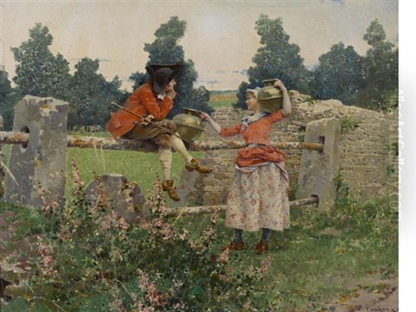 Romance At The Fence Oil Painting by Edouard Toudouze