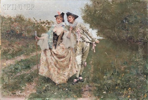 Courtly Couple Strolling In A Spring Landscape by Edouard Toudouze