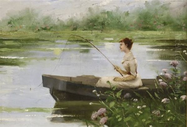 A Woman Fishing From A Punt Oil Painting by Auguste Toulmouche