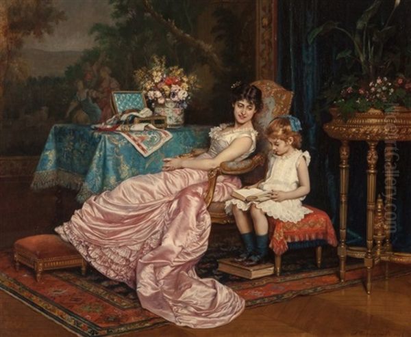 A Mother And Daughter Reading, 1882 Oil Painting by Auguste Toulmouche