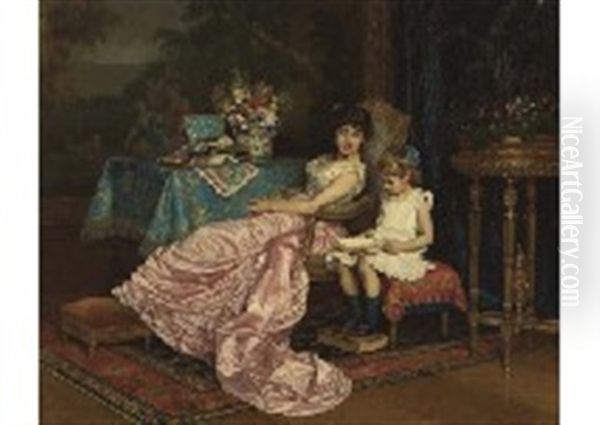 Reading Mother And Child Oil Painting by Auguste Toulmouche