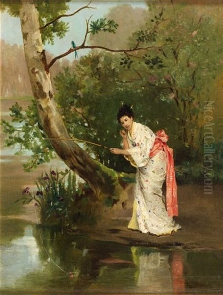 Jeune Femme En Kimono, Pechant A La Ligne Oil Painting by Auguste Toulmouche