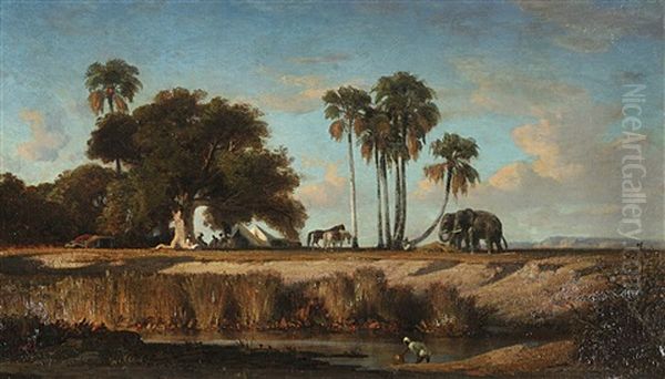 Le Repos Des Elephants En Inde Oil Painting by Charles Emile de Tournemine