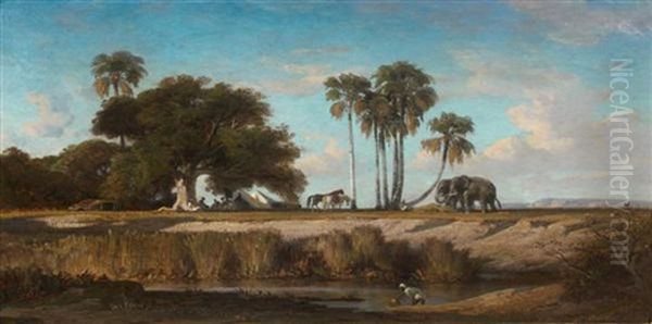 Chevaux Et Elephants En Bord De Riviere Oil Painting by Charles Emile de Tournemine