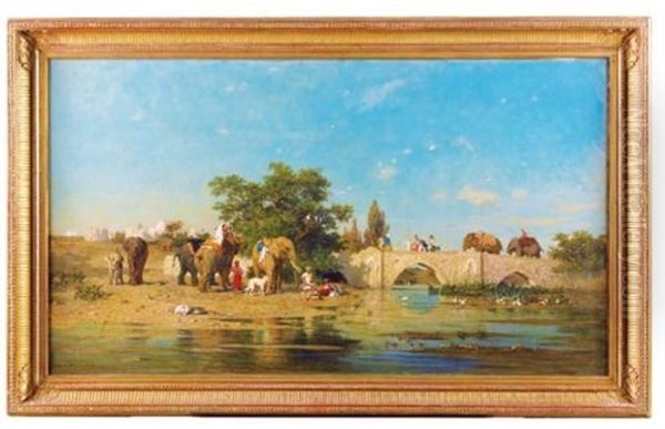 La Halte Des Elephants Pres De La Riviere Oil Painting by Charles Emile de Tournemine