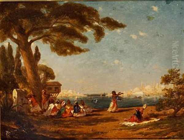 Scene From Constantinople With People Playing Music And A Lady Dancing Oil Painting by Charles Emile de Tournemine