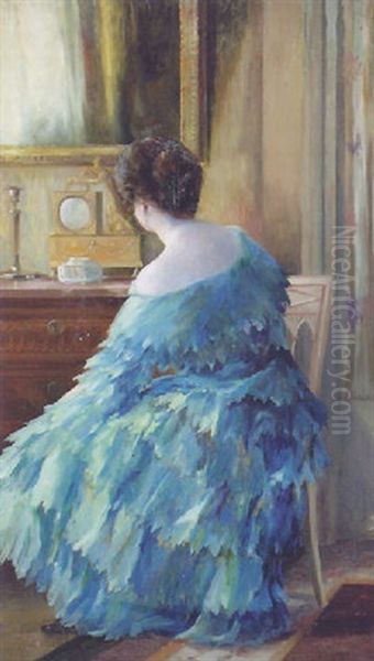 An Elegant Lady Seated In A Blue Dress Oil Painting by Etienne Tournes