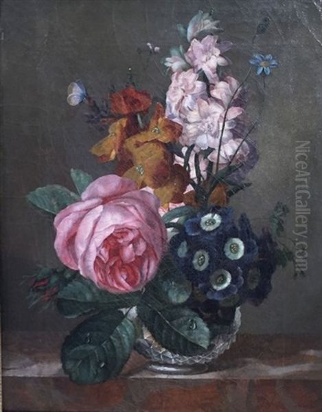 Bouquet De Fleurs Avec Un Papillon Dans Un Vase En Cristal Taille Oil Painting by Jean Ulrich Tournier