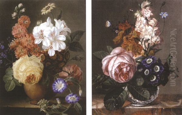 Vase De Fleurs Avec Une Rose Et Bleuets Sur Un Entablement (+ Vase De Fleurs Avec Une Rose Jaune Et Des Pequerettes Sur Un Entablement, Pair) Oil Painting by Jean Ulrich Tournier