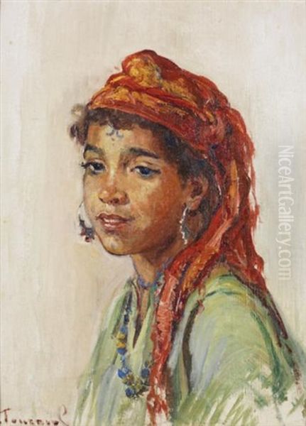 Jeune Bedouine Au Foulard Rouge Oil Painting by Rene Tourniol