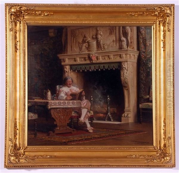 Interior With Gent Seated By A Fire Oil Painting by Alfred Holst Tourrier