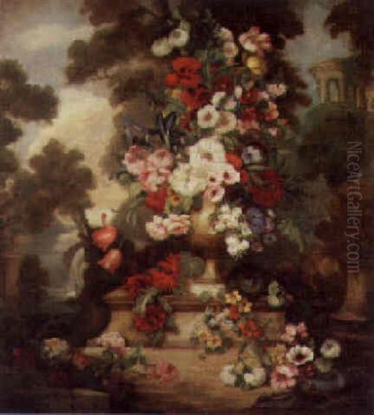 An Urn Of Mixed Summer Flowers On A Plinth In A Formal Garden Oil Painting by Anatole Louis Toussaint