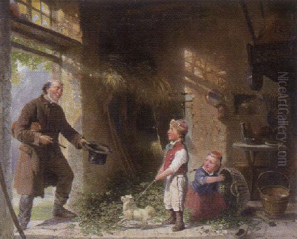 Ein Bettelmusikant Bei Spielenden Kindern Am Eingang Einer Scheune Oil Painting by Louis Toussaint