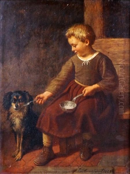 Enfant Donnant A Manger A Son Chien, 1868 Oil Painting by Pierre Joseph Toussaint