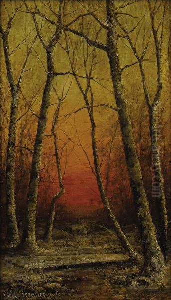 A Wintry Sunglow Oil Painting by Carl Christian Brenner