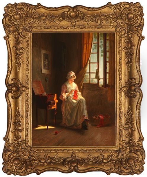 Woman Knitting In An Interior Oil Painting by Pierre Joseph Toussaint