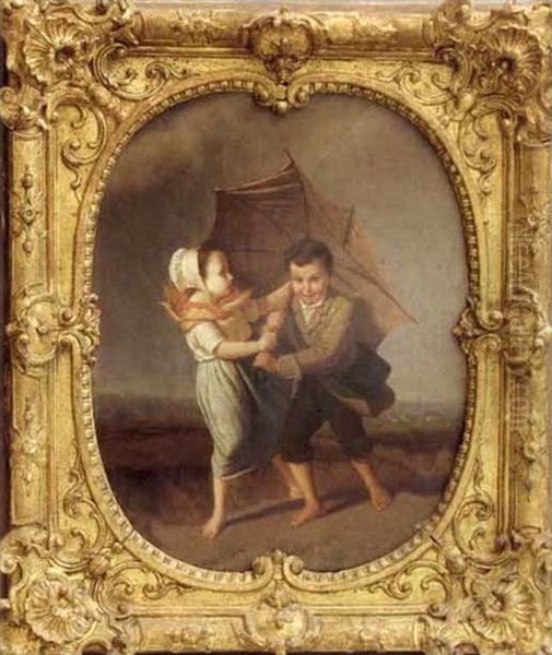 Couple D'enfants Luttant Contre La Tempete by Pierre Joseph Toussaint