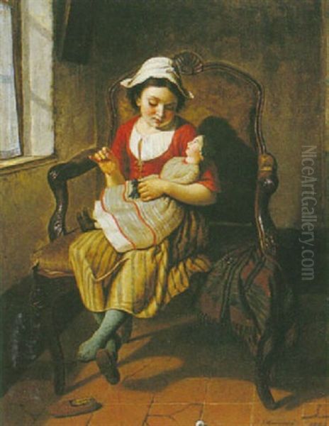 Little Girl With A Doll Oil Painting by Pierre Joseph Toussaint