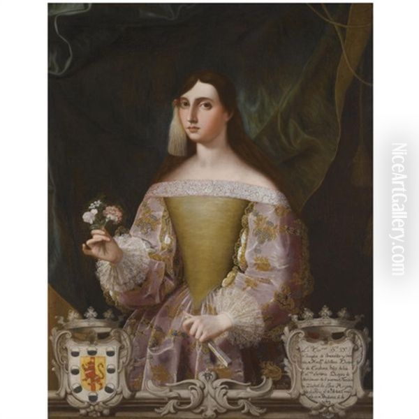 Portrait Of Dona Josefa De Benavides, Marquesa De Villena Y Duquesa De Escalona, Holding A Small Bunch Of Flowers And A Fan Oil Painting by Miguel Alonso De Tovar