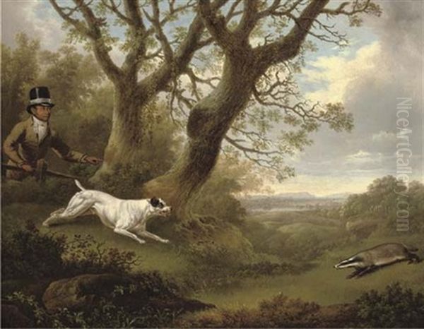 A Bull Terrier Approaching A Badger, With A Servant Looking On, In A Landscape Oil Painting by Charles Towne the Younger