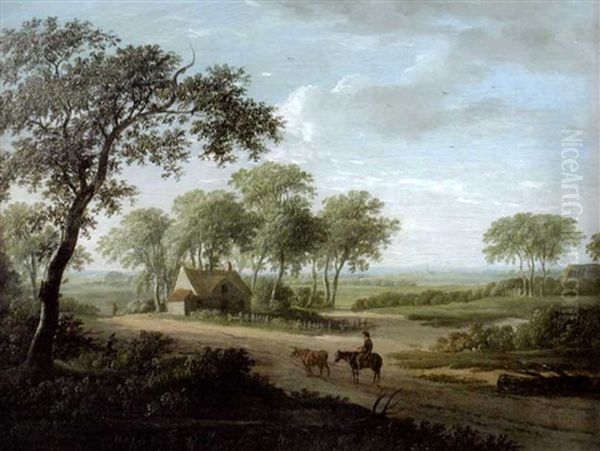 A Drover With Cattle On A Track, A Cottage Beyond Oil Painting by Charles Towne the Younger