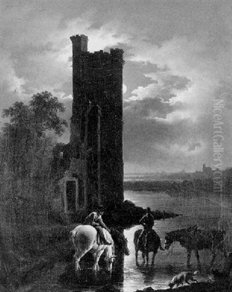 Riders With Horses At A River By A Ruined Tower In Moonlight Oil Painting by Charles Towne the Younger