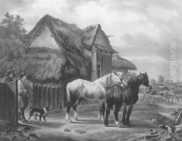 Horses And Stables With Figures Oil Painting by Charles Towne the Younger