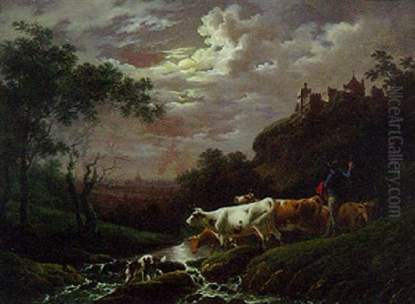 A Moonlit Landscape With A Drover, Cattle And A Dog, Castle And Town Beyond Oil Painting by Charles Towne the Younger