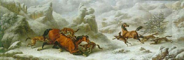 Two Horses Being Chased By Wolves In A Landscape Oil Painting by Charles Towne the Younger