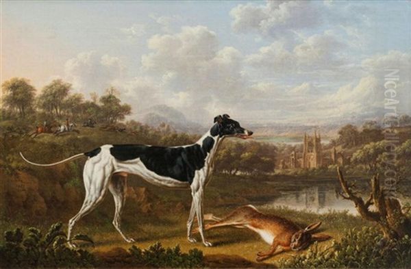 A Greyhound With A Dead Hare In A River Landscape With Woodland And A Church Oil Painting by Charles Towne