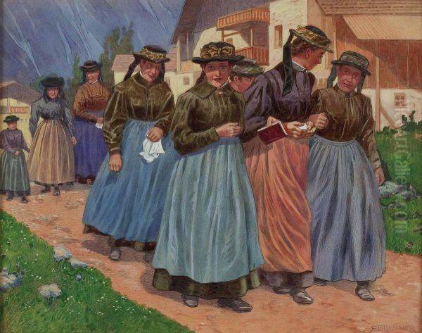 Junge Frauen In Tiroler Tracht Auf Dem Weg Zur Kirche Oil Painting by Franz Brenner