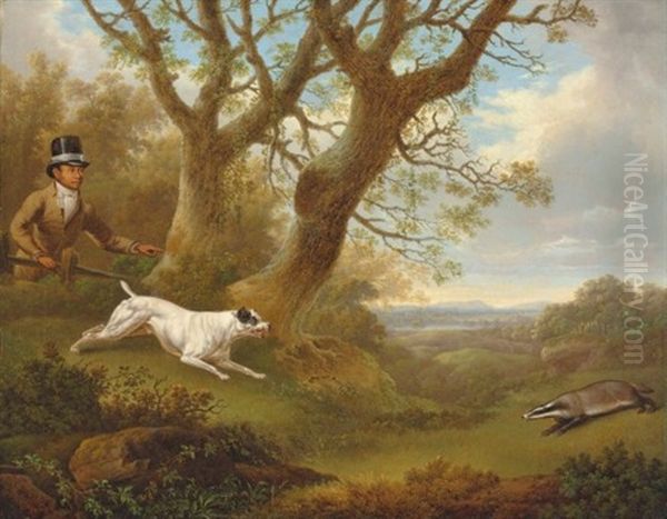 A Bull Terrier Approaching A Badger, With A Servant Looking On, In A Landscape Oil Painting by Charles Towne