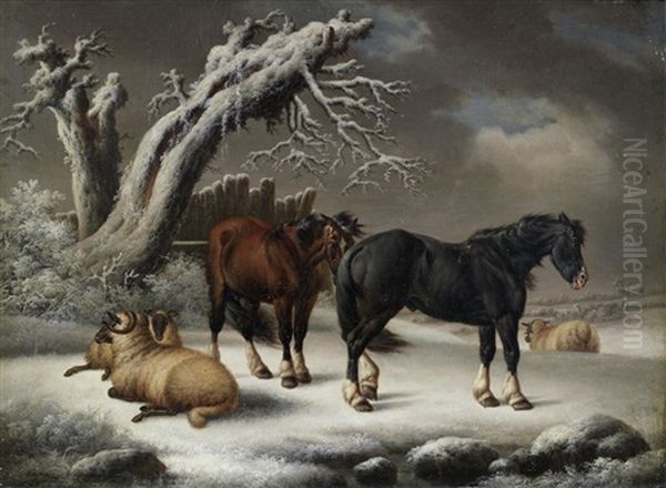 Horses And Sheep In A Winter Landscape Oil Painting by Charles Towne