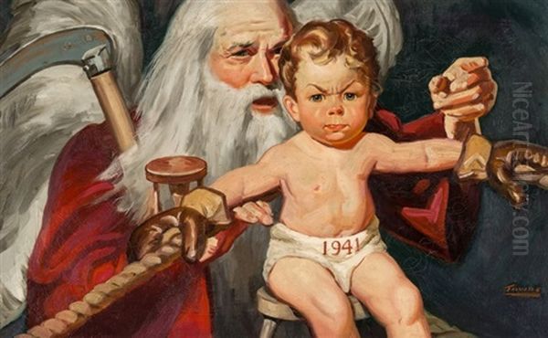 Father Time & New Year's Baby, 1941 Oil Painting by Charles Towne