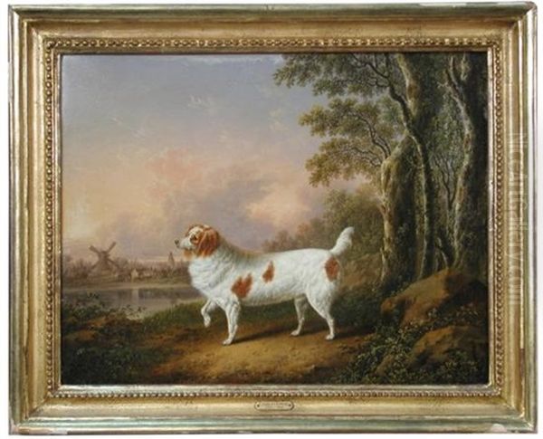 A Marlborough Spaniel In A Wooded Landscape, A Windmill Beyond Oil Painting by Charles Towne