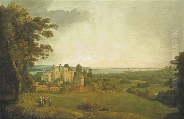 A View Of Powderham Castle, Devon, With Figures And Deer In The Park, The River Exe With Shipping Beyond Oil Painting by Francis Towne