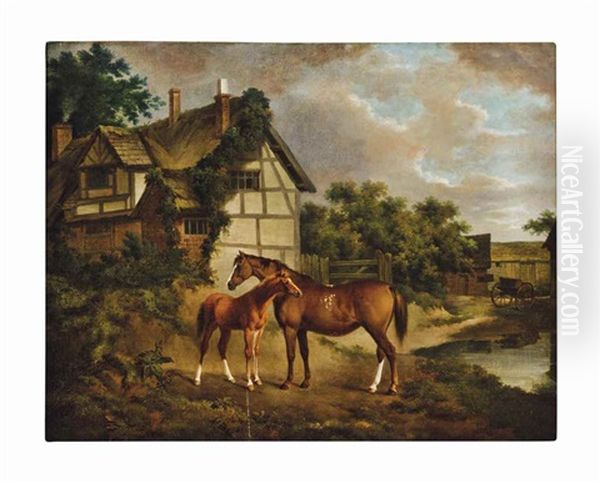 Mare And Foal Outside A Cottage Oil Painting by Charles Townley